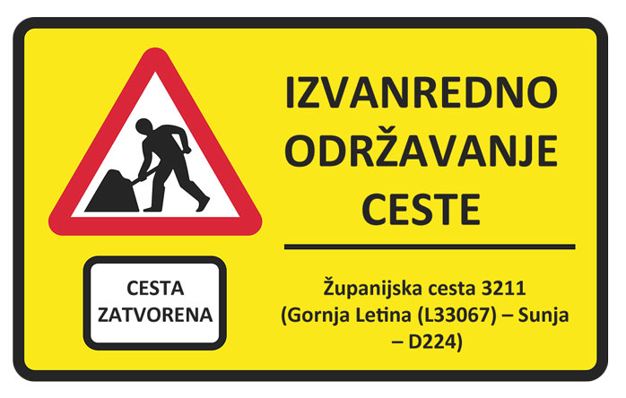 Privremeno se za sav promet zatvara županijska cesta 3211 u mjestu Greda Sunjska